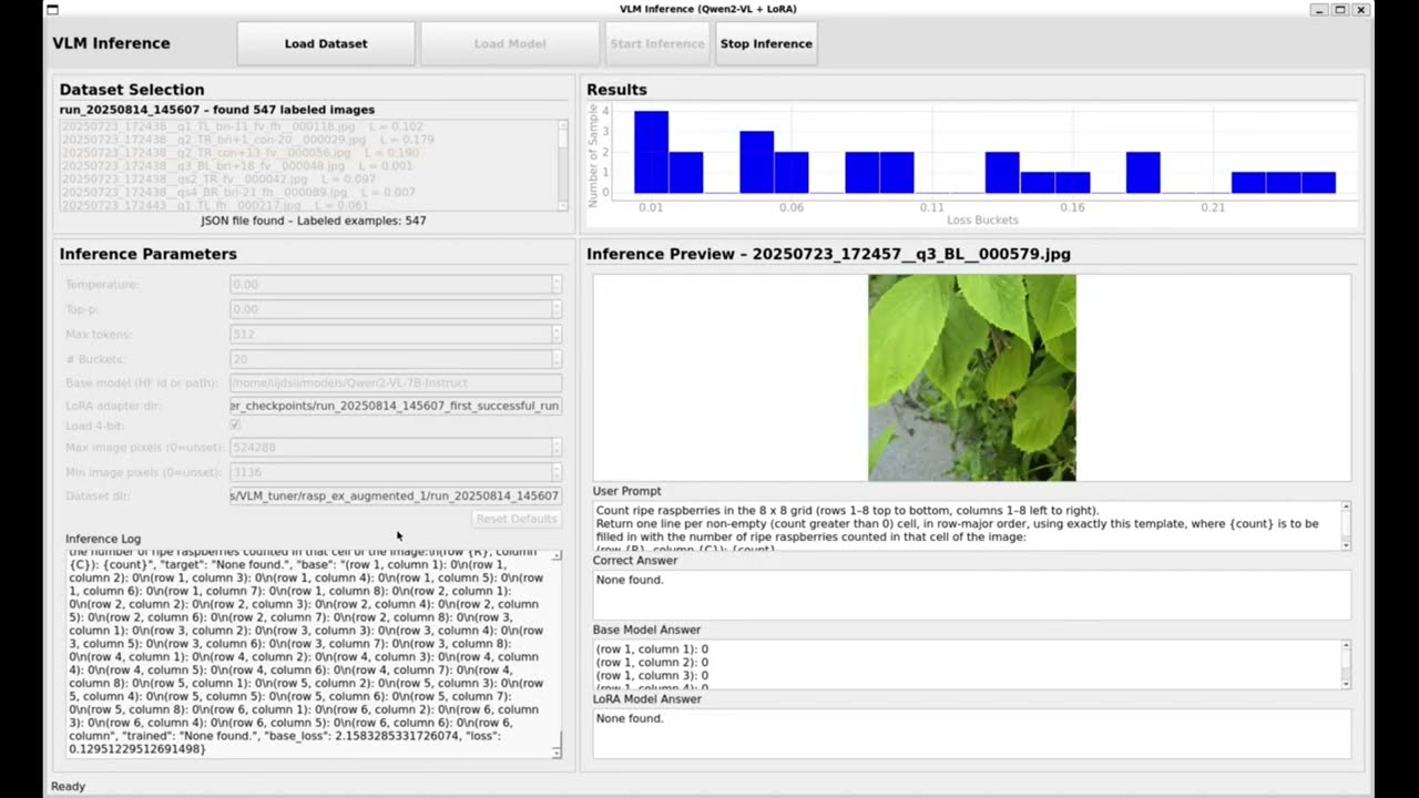 VLM Tuner software showing inference results, source images, and model output