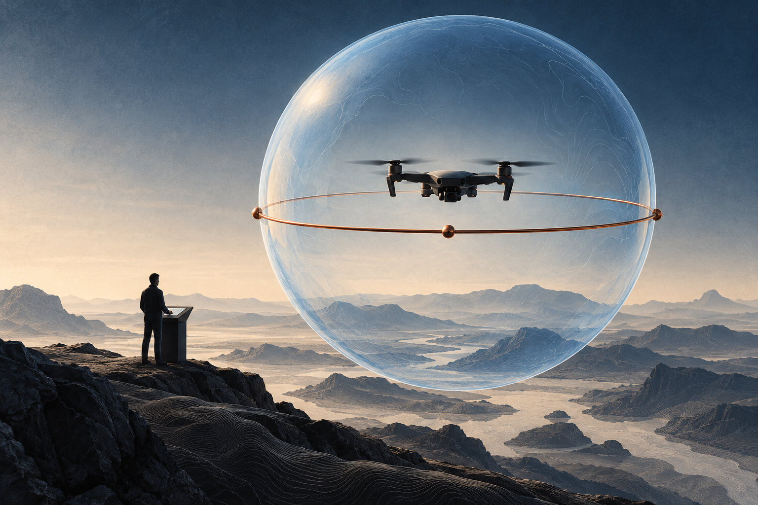 Conceptual illustration of a drone inside a control boundary with a human operator outside